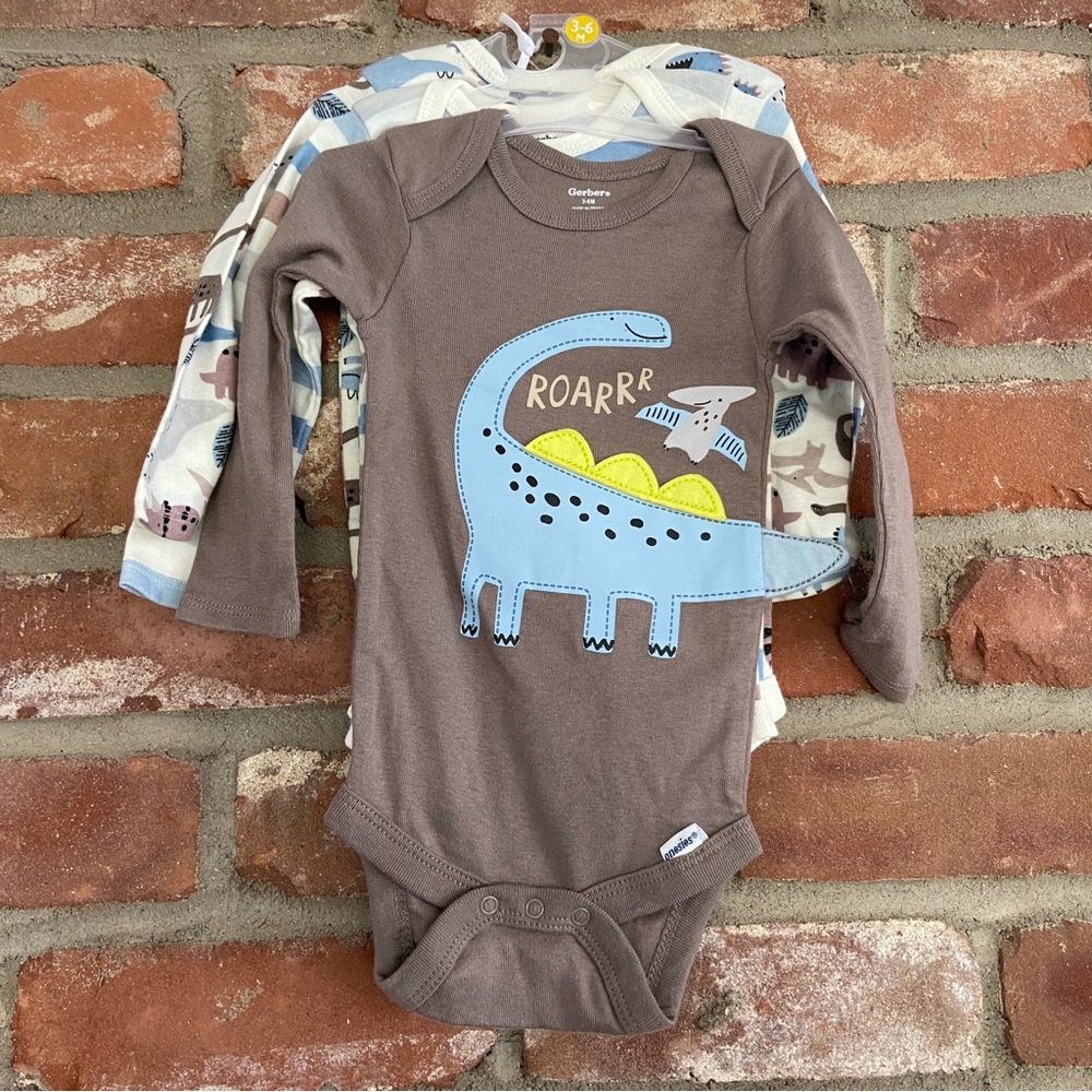 NWT Gerber Long Sleeve Onesies Dino 3-6m Brown Blue 3-pack 100% cotton